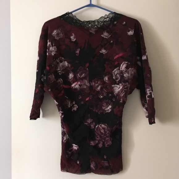 FUZZI by JEAN PAUL GAULTIER Mesh Burgundy + Black Floral Lace Trim Top S - Picture 2 of 3